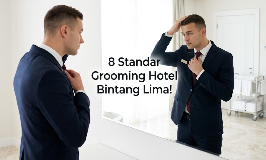 Memastikan standar grooming hotel diterapkan dengan sempurna sebelum masuk ke ruang wawancara magang.
